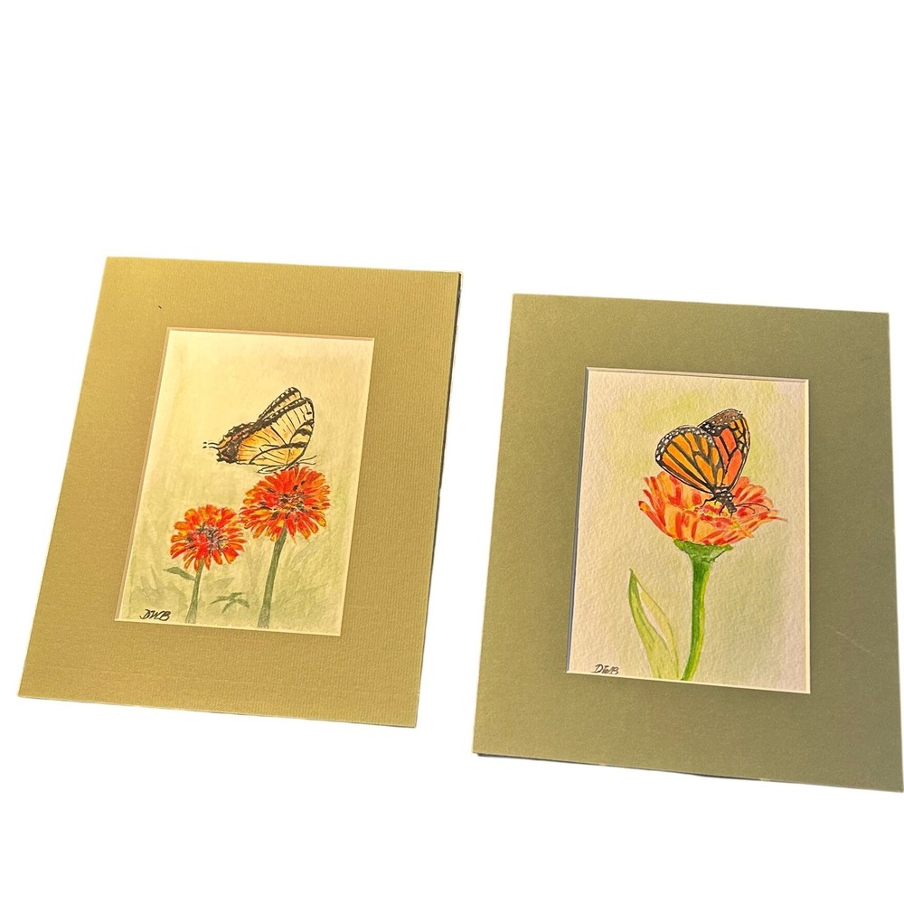 Original Watercolor Art Set Monarch Butterfly Zinnias 8"x10"